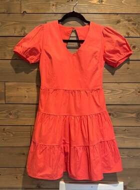 Monteau Los Angeles Coral Puff Sleeve Mini Dress with Lace-Up Back S